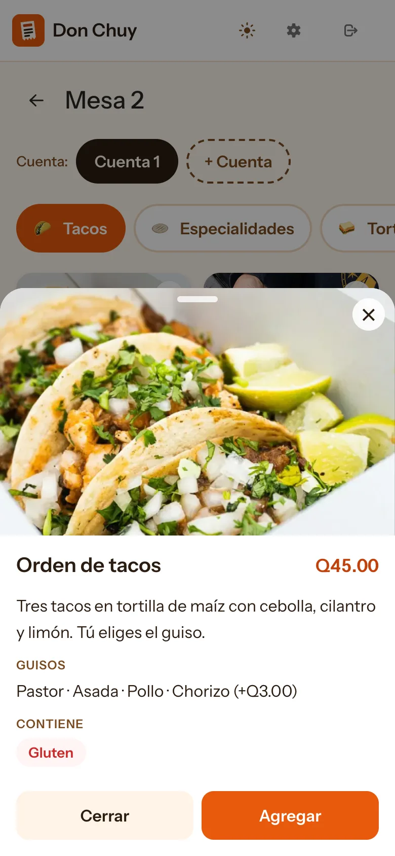 Detalle de un producto con su foto, descripción, guisos y el aviso Contiene: Gluten.