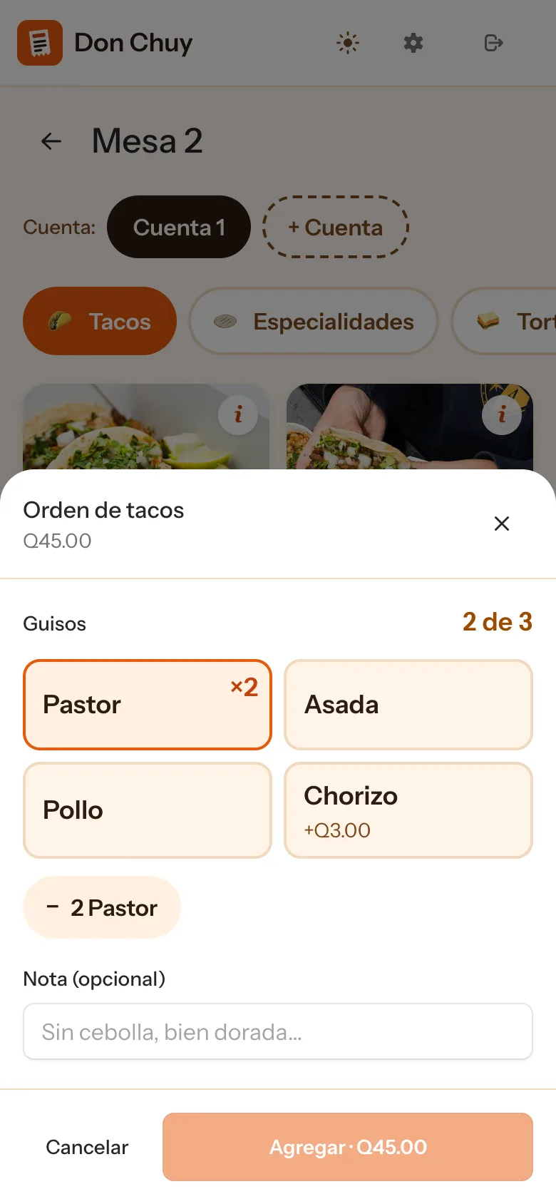 Hoja para elegir los guisos de una orden de tacos, con contadores por guiso.