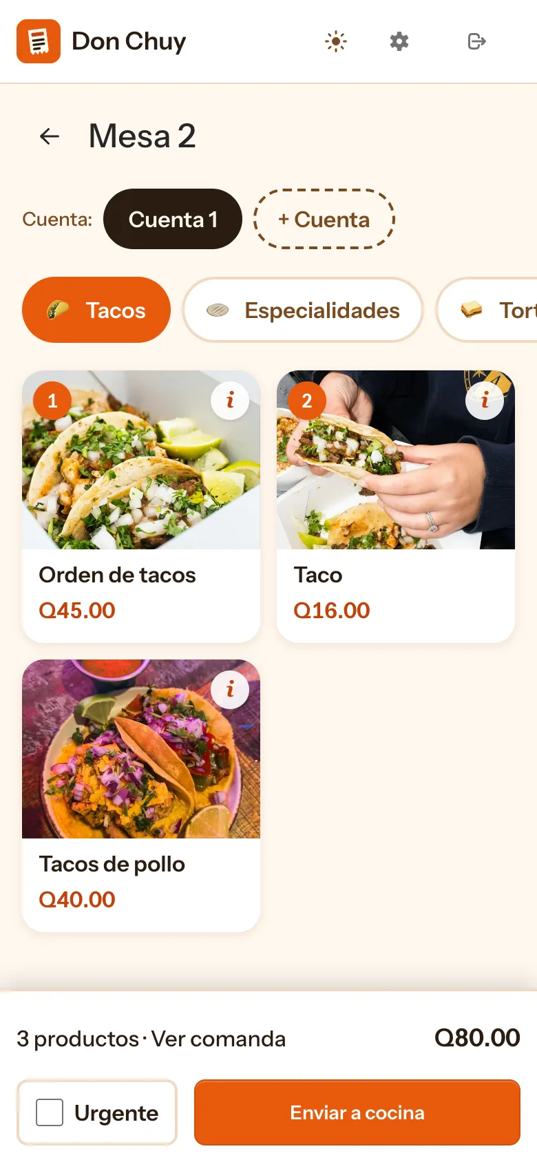 Teléfono del mesero capturando el pedido de la Mesa 2 con fotos de los tacos y el botón Enviar a cocina.