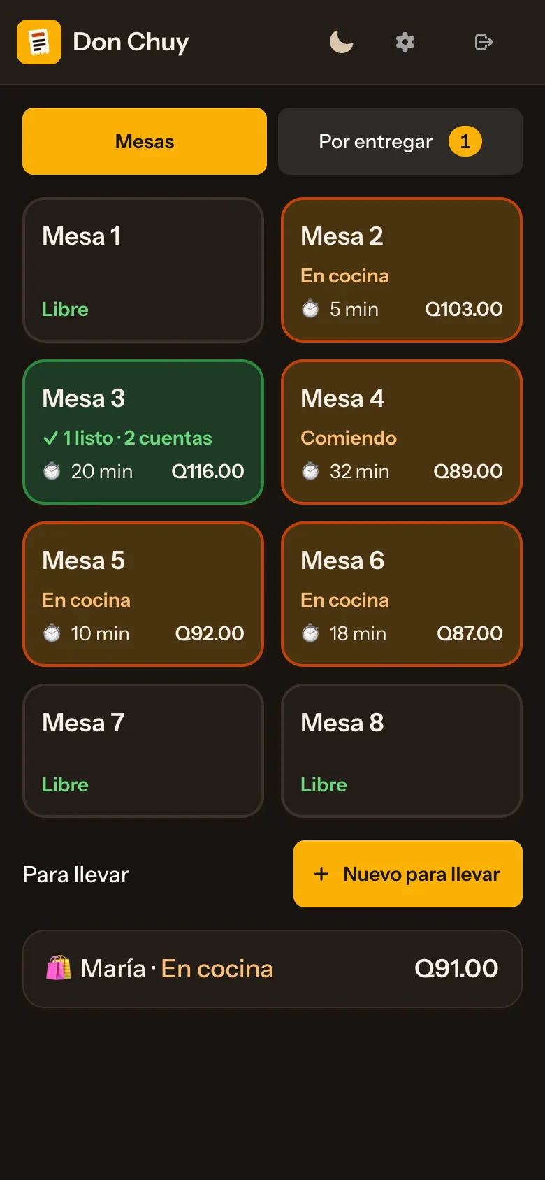 La misma pantalla de mesas en modo oscuro.