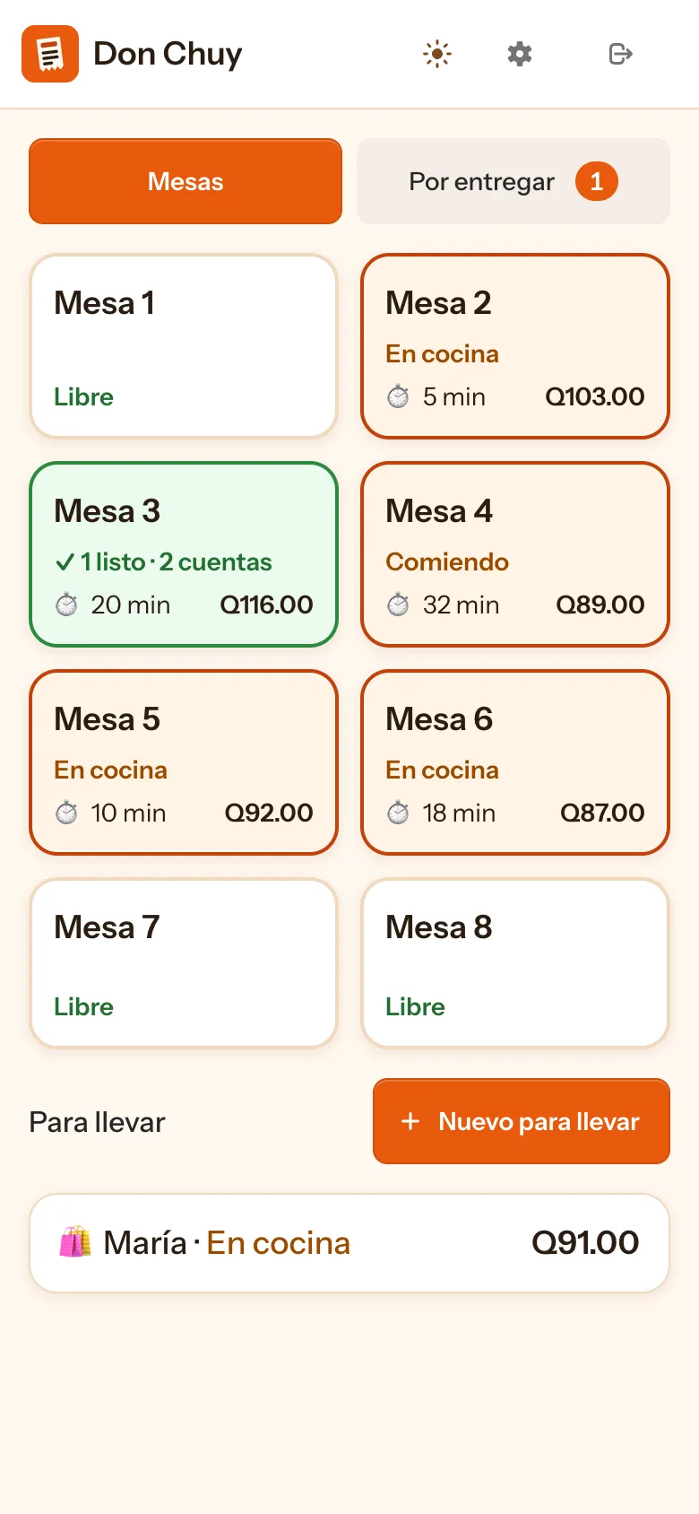 Pantalla de mesas: cada mesa con un color según si está libre, ocupada o con comida por entregar.